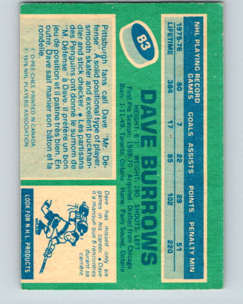 1976-77 O-Pee-Chee #83 Dave Burrows Pittsburgh Penguins V12510