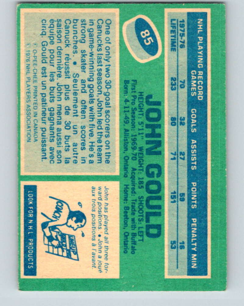 1976-77 O-Pee-Chee #85 John Gould Vancouver Canucks V12513