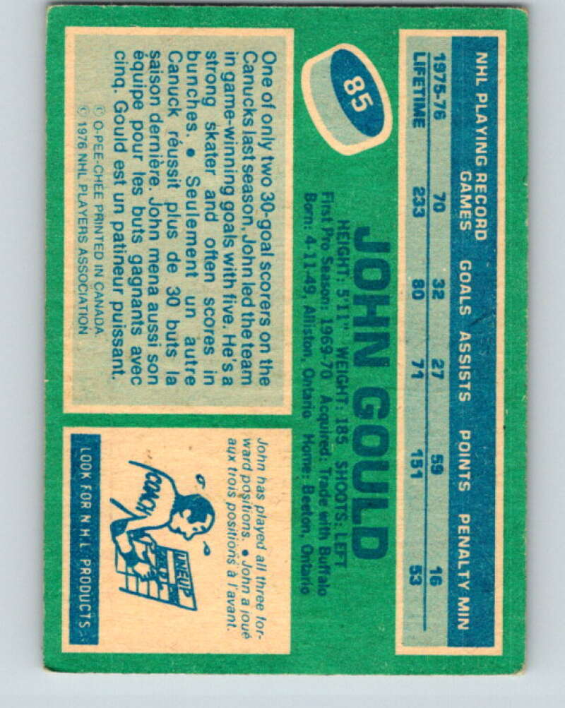 1976-77 O-Pee-Chee #85 John Gould Vancouver Canucks V12514