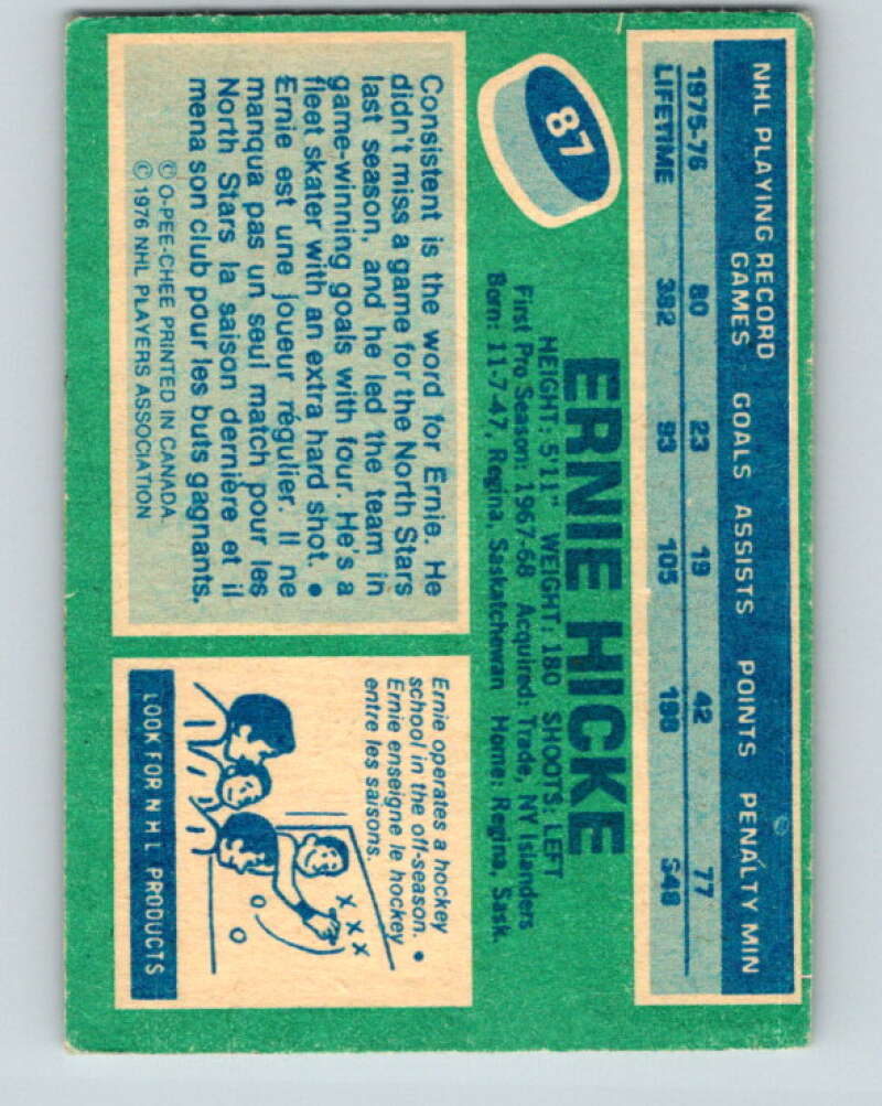 1976-77 O-Pee-Chee #87 Ernie Hicke Minnesota North Stars V12516