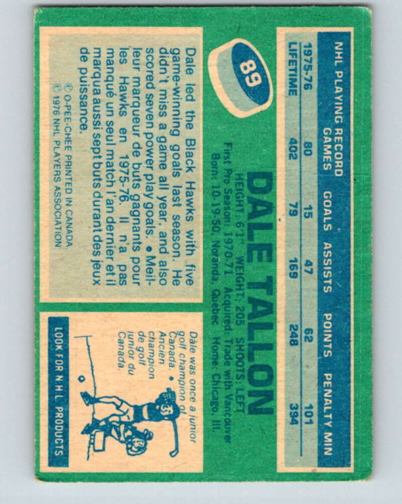 1976-77 O-Pee-Chee #89 Dale Tallon Chicago Blackhawks V12523