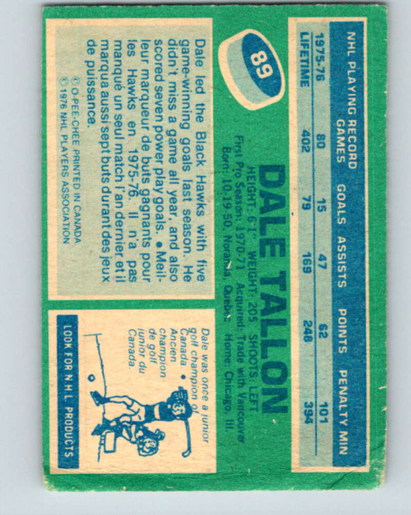 1976-77 O-Pee-Chee #89 Dale Tallon Chicago Blackhawks V12526