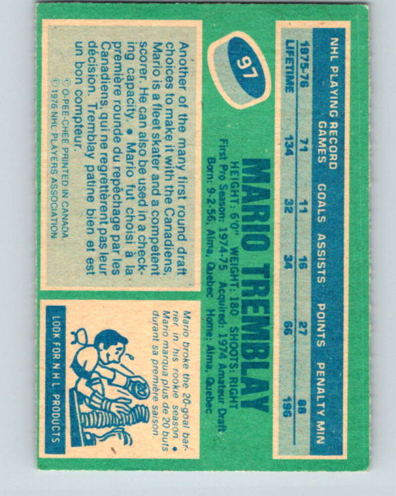 1976-77 O-Pee-Chee #97 Mario Tremblay Montreal Canadiens V12546