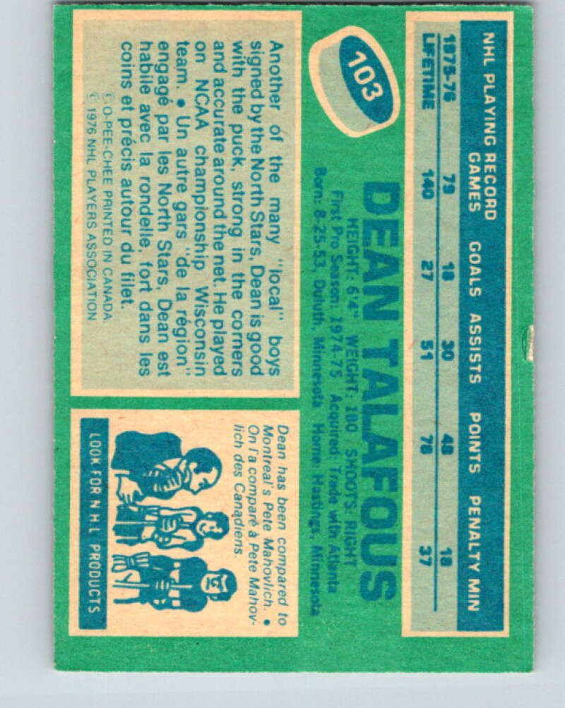 1976-77 O-Pee-Chee #103 Dean Talafous Minnesota North Stars V12562