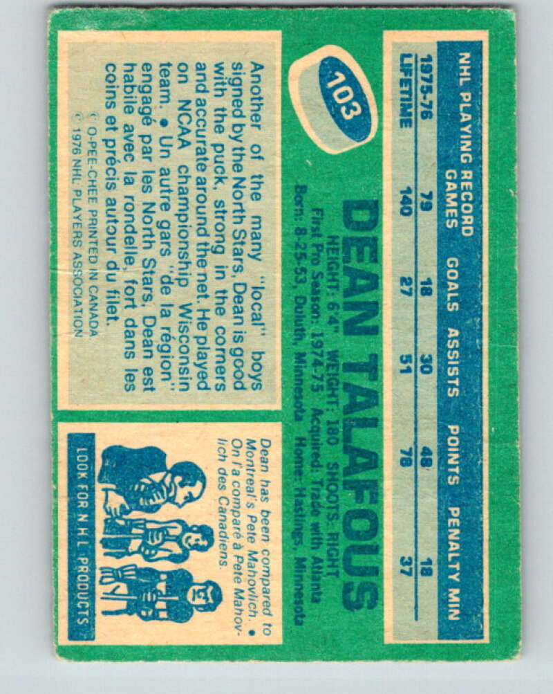 1976-77 O-Pee-Chee #103 Dean Talafous Minnesota North Stars V12563