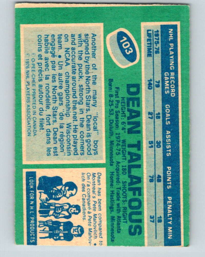1976-77 O-Pee-Chee #103 Dean Talafous Minnesota North Stars V12564