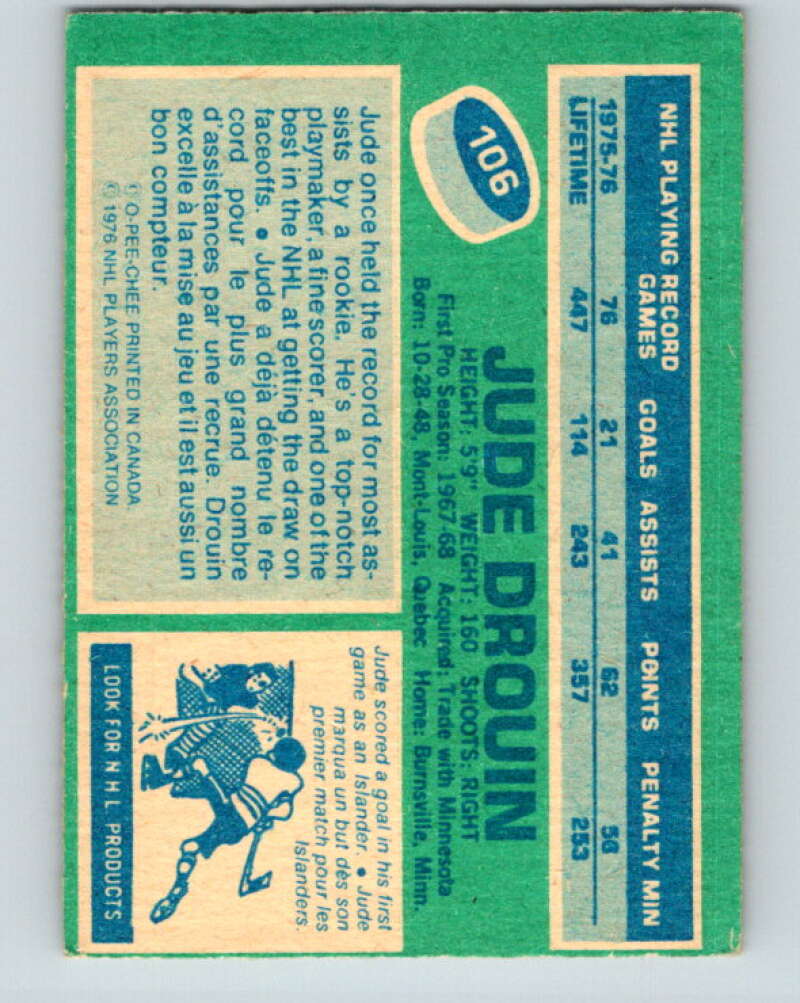 1976-77 O-Pee-Chee #106 Jude Drouin New York Islanders V12566