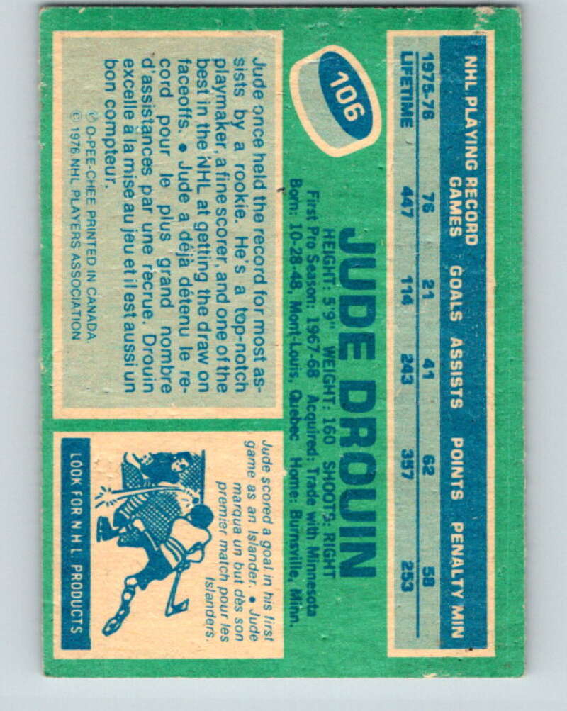 1976-77 O-Pee-Chee #106 Jude Drouin New York Islanders V12567