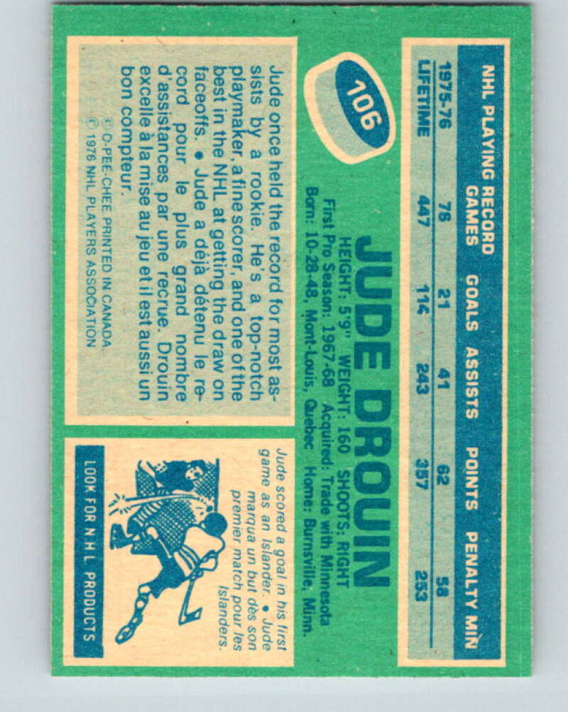 1976-77 O-Pee-Chee #106 Jude Drouin New York Islanders V12568
