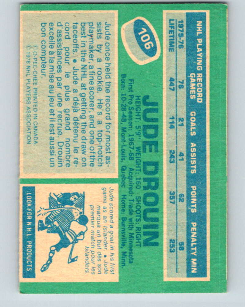 1976-77 O-Pee-Chee #106 Jude Drouin New York Islanders V12569