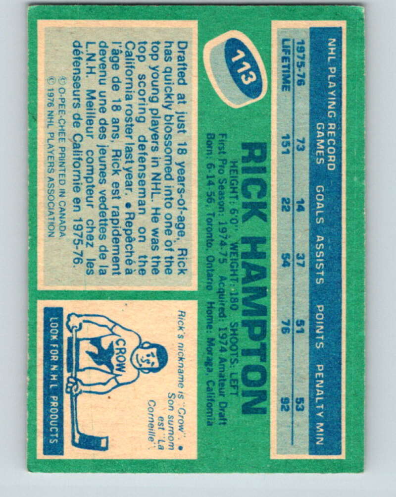 1976-77 O-Pee-Chee #113 Rick Hampton Cleveland Barons V12585
