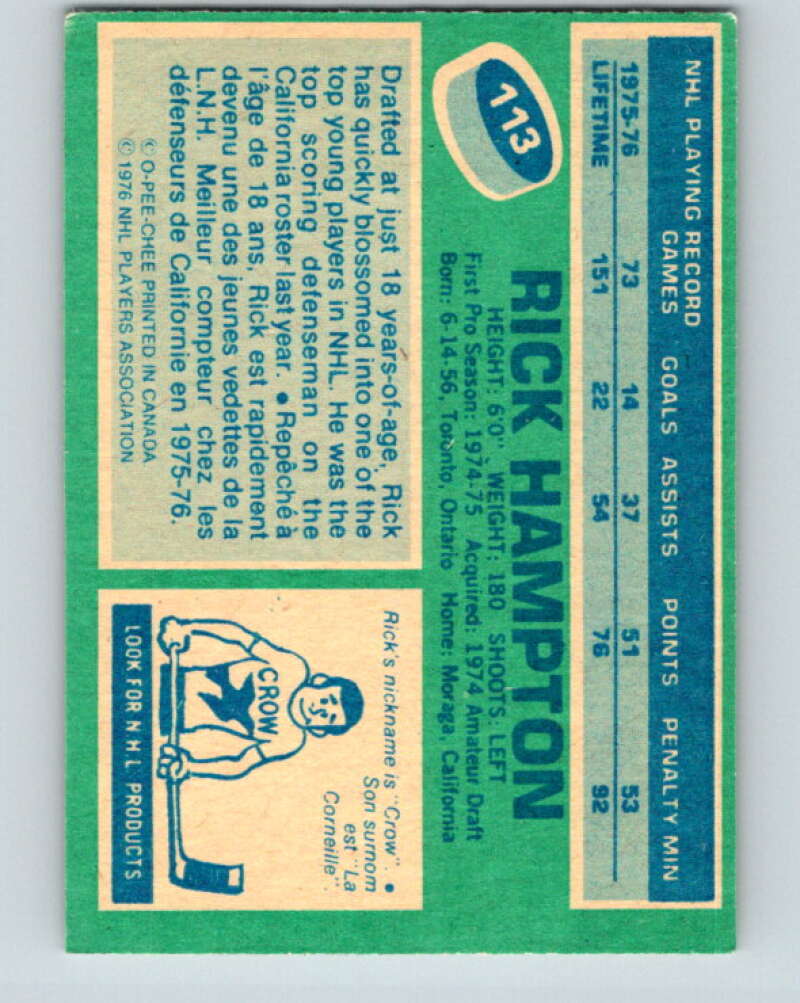 1976-77 O-Pee-Chee #113 Rick Hampton Cleveland Barons V12586