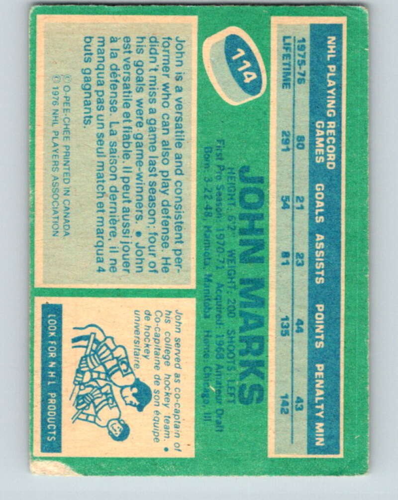 1976-77 O-Pee-Chee #114 John Marks Chicago Blackhawks V12591