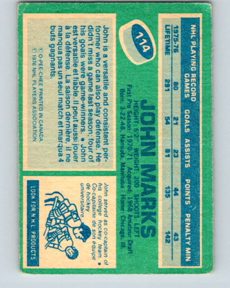 1976-77 O-Pee-Chee #114 John Marks Chicago Blackhawks V12592