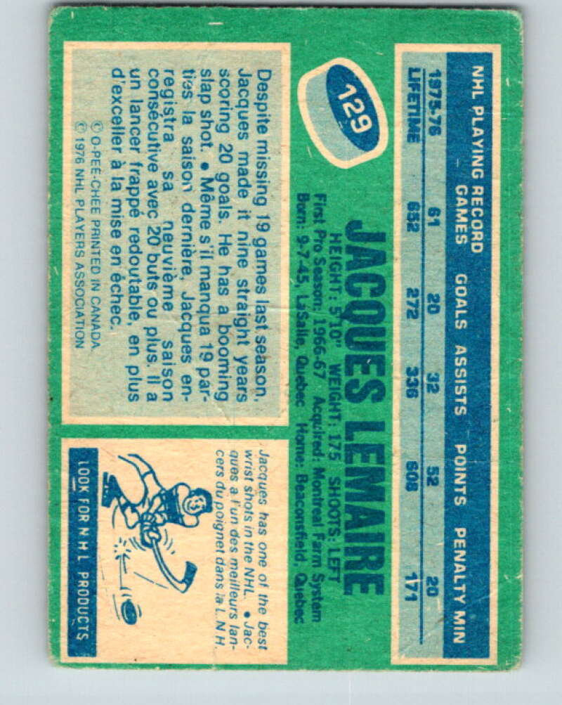 1976-77 O-Pee-Chee #129 Jacques Lemaire Montreal Canadiens V12631