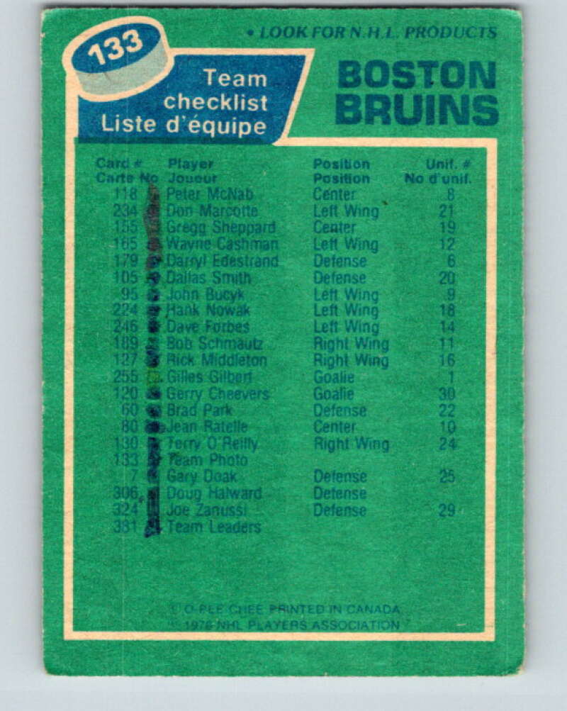 1976-77 O-Pee-Chee #133 Boston Bruins CL Boston Bruins V12639