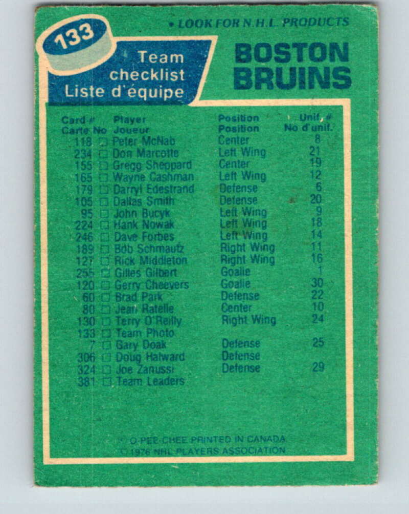1976-77 O-Pee-Chee #133 Boston Bruins CL Boston Bruins V12041