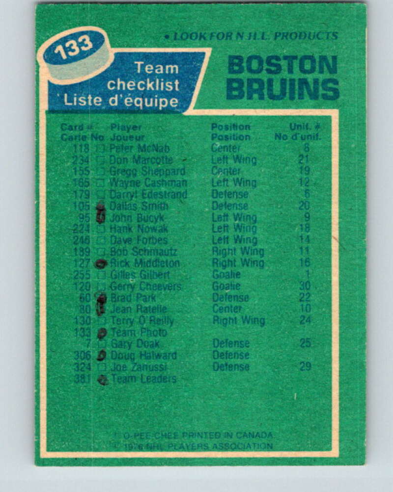 1976-77 O-Pee-Chee #133 Boston Bruins CL Boston Bruins V12044