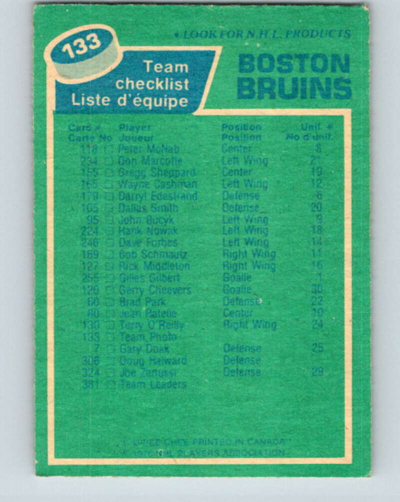 1976-77 O-Pee-Chee #133 Boston Bruins CL Boston Bruins V12045