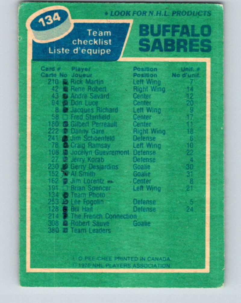 1976-77 O-Pee-Chee #134 Buffalo Sabres CL V12046