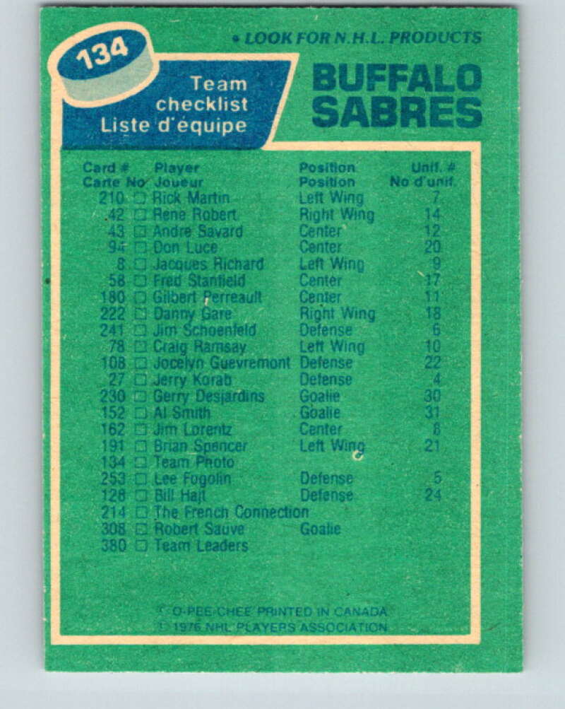 1976-77 O-Pee-Chee #134 Buffalo Sabres CL V12049