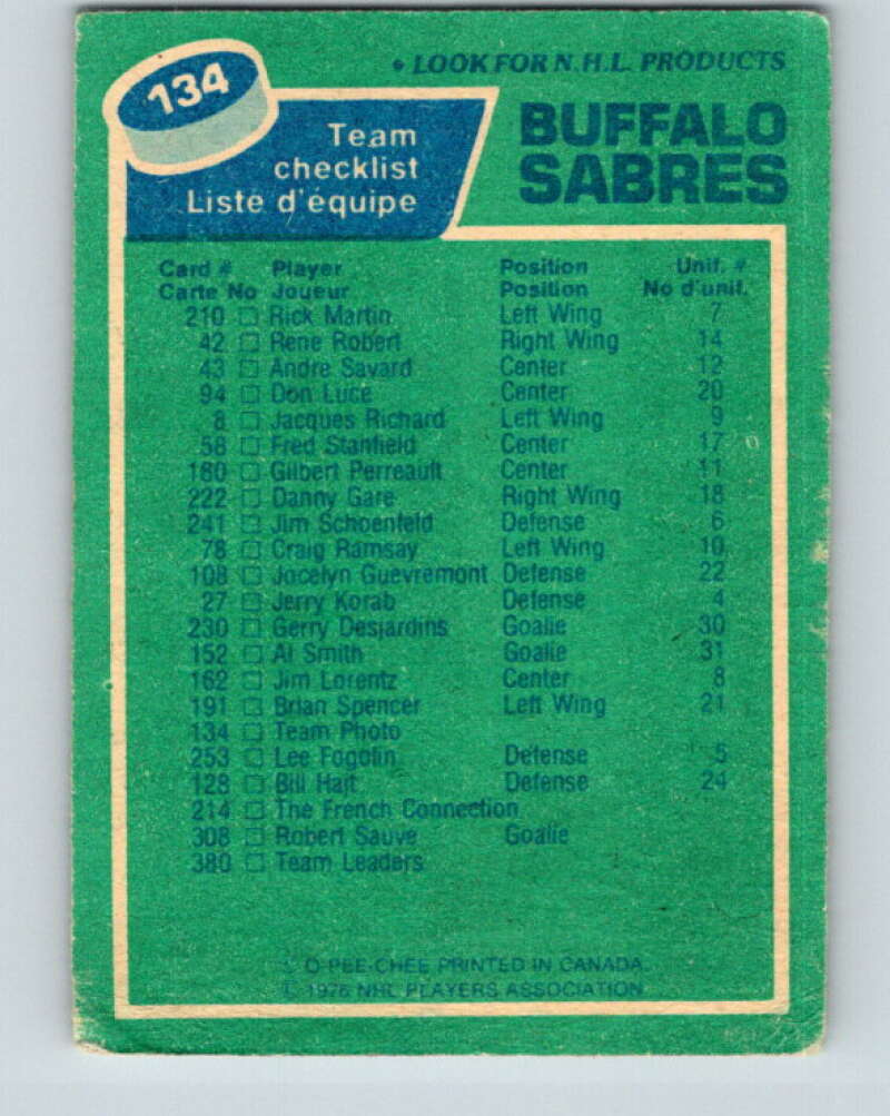 1976-77 O-Pee-Chee #134 Buffalo Sabres CL V12050
