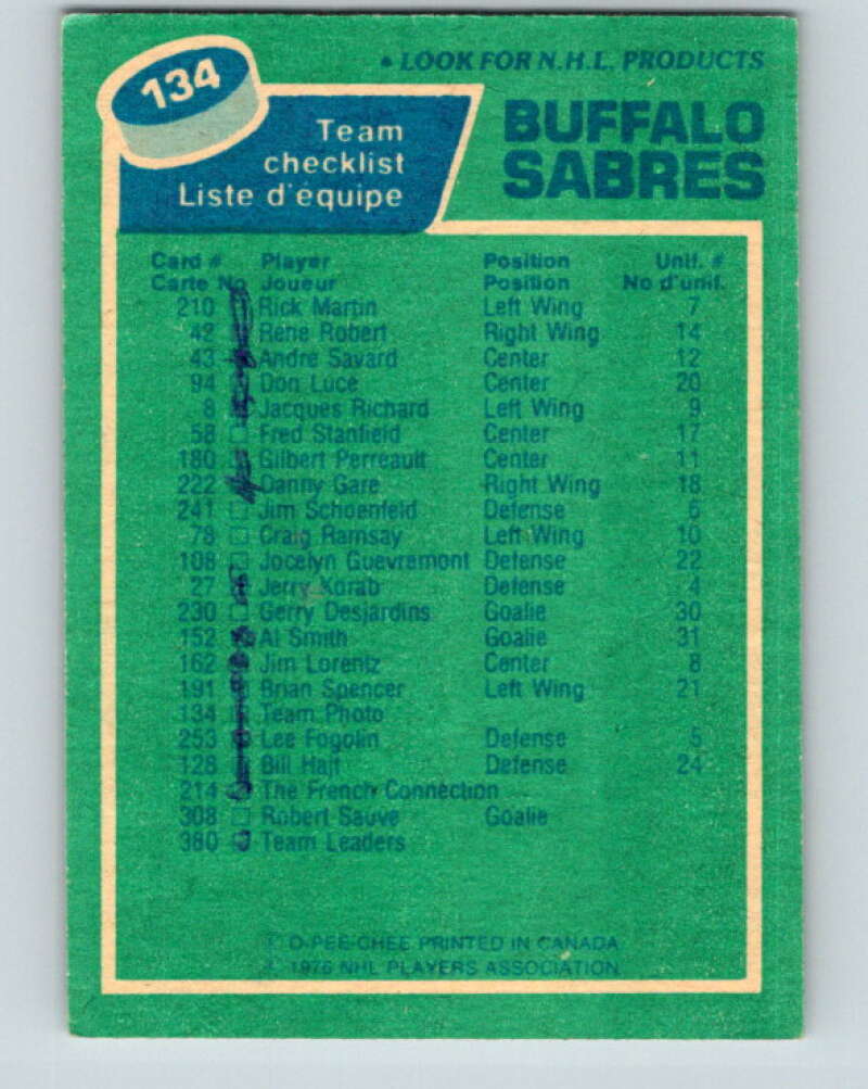 1976-77 O-Pee-Chee #134 Buffalo Sabres CL V12051