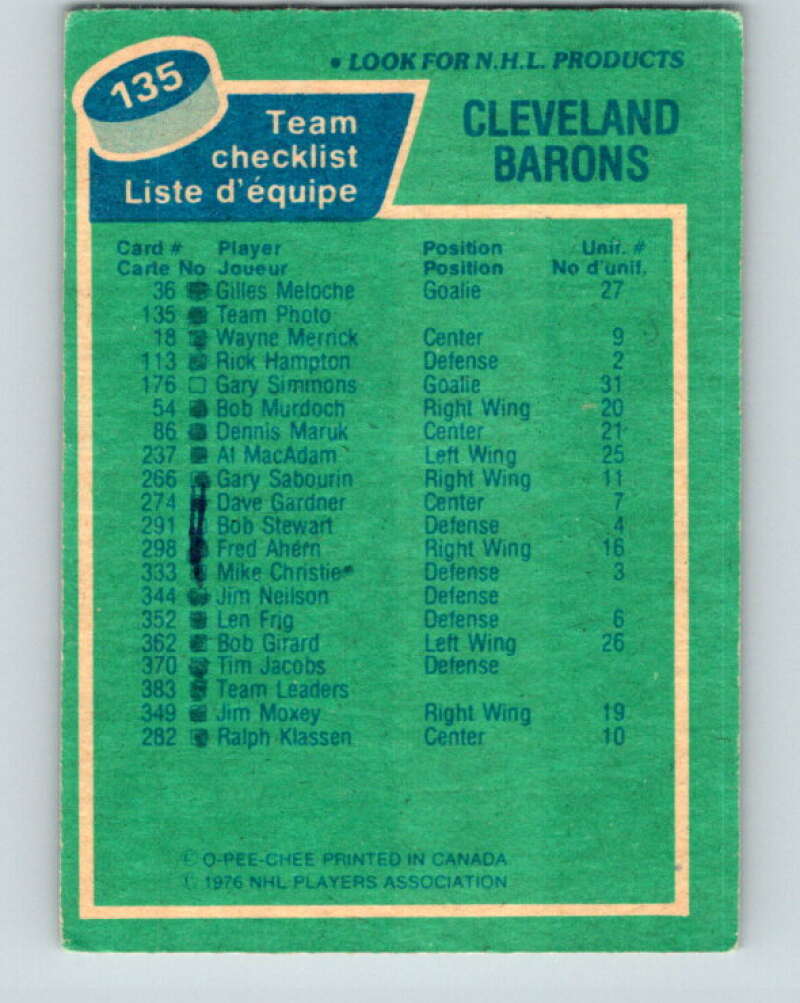 1976-77 O-Pee-Chee #135 California Golden Seals CL C V12053