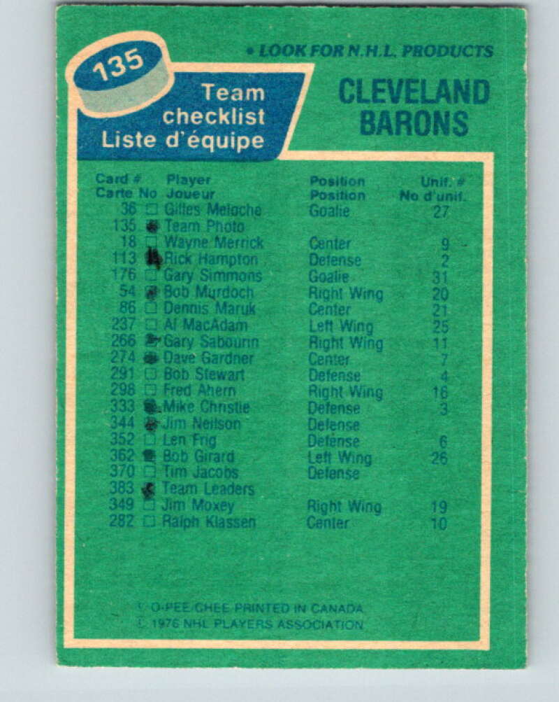 1976-77 O-Pee-Chee #135 California Golden Seals CL V12054