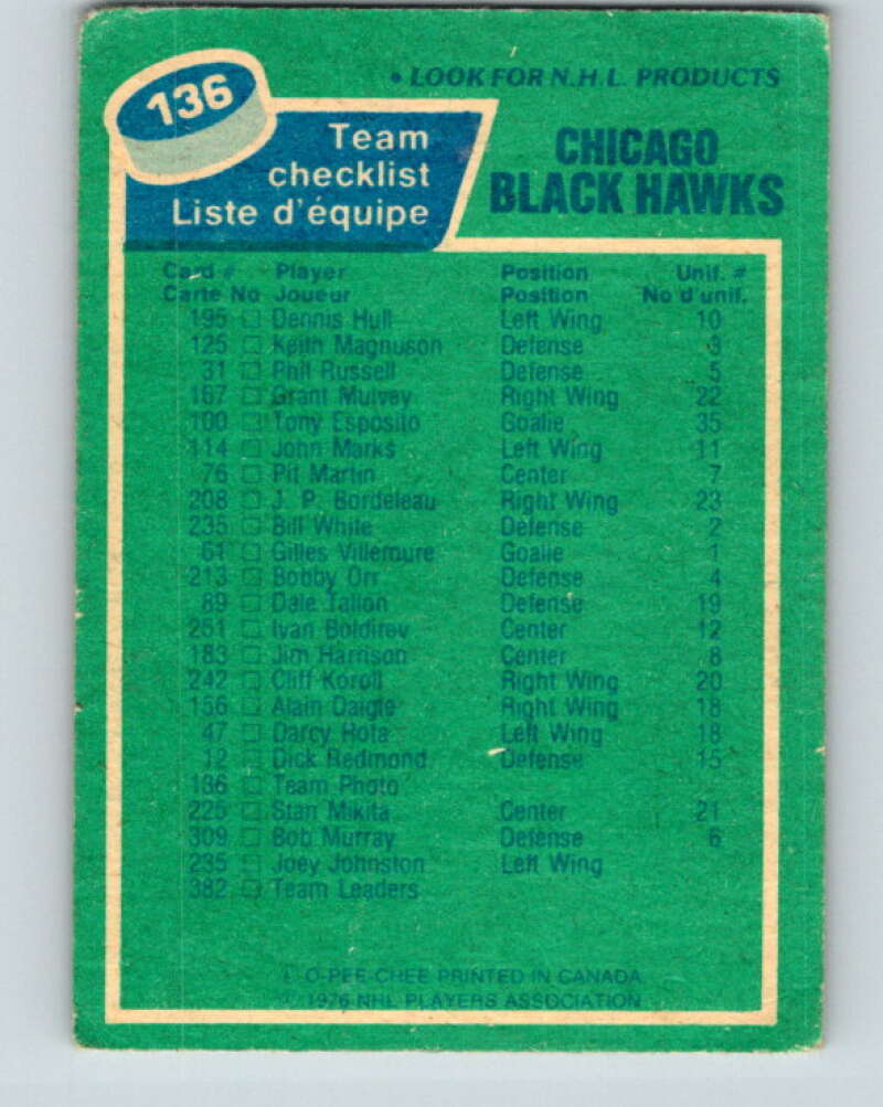 1976-77 O-Pee-Chee #136 Chicago Blackhawks CL V12056