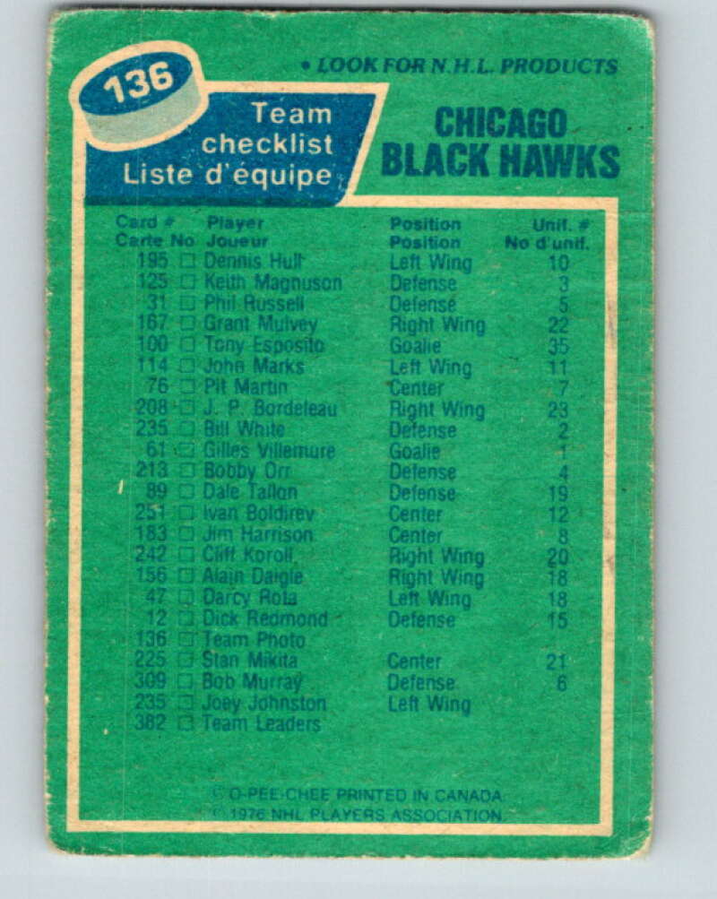 1976-77 O-Pee-Chee #136 Chicago Blackhawks CL V12057