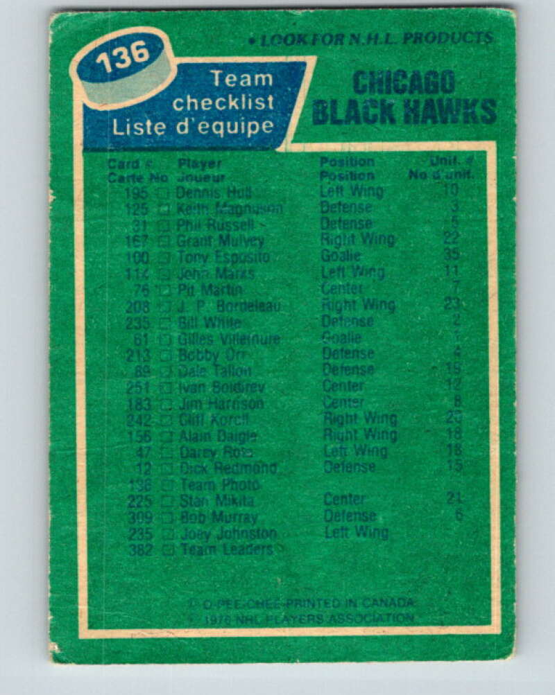 1976-77 O-Pee-Chee #136 Chicago Blackhawks CL V12058