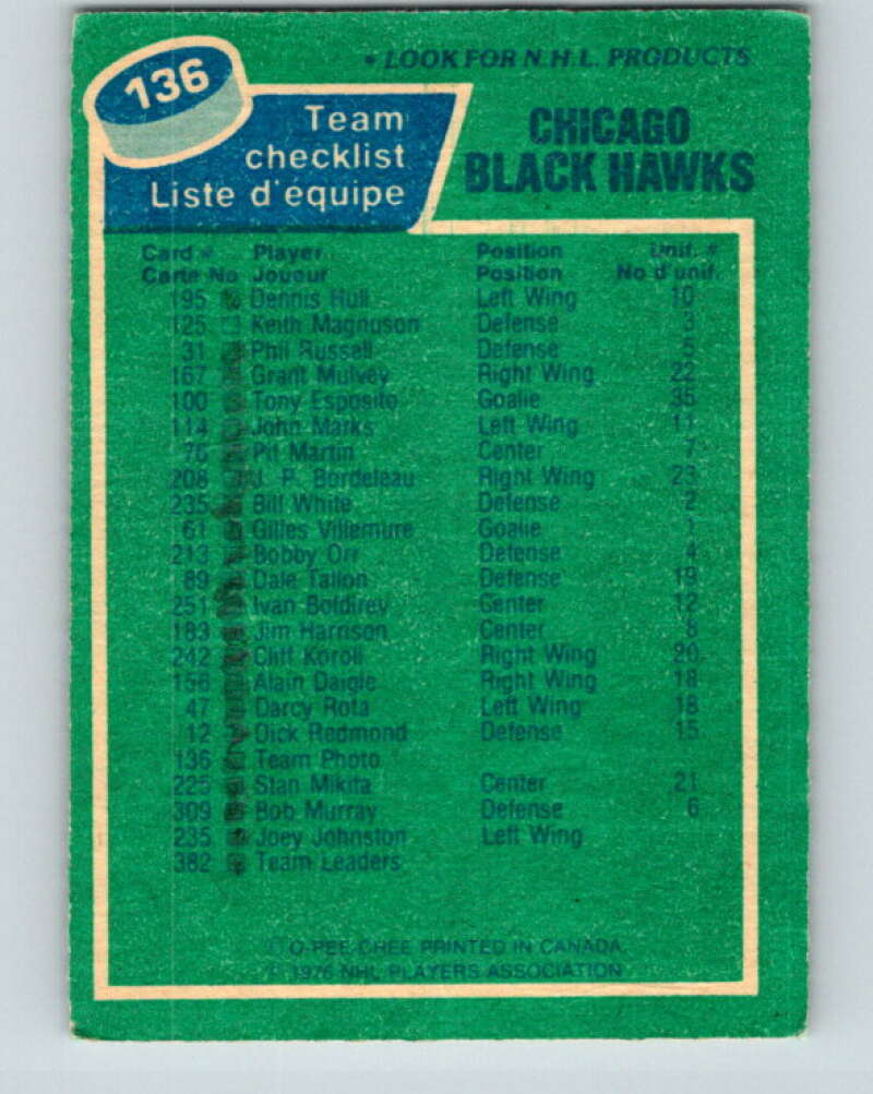 1976-77 O-Pee-Chee #136 Chicago Blackhawks CL V12060