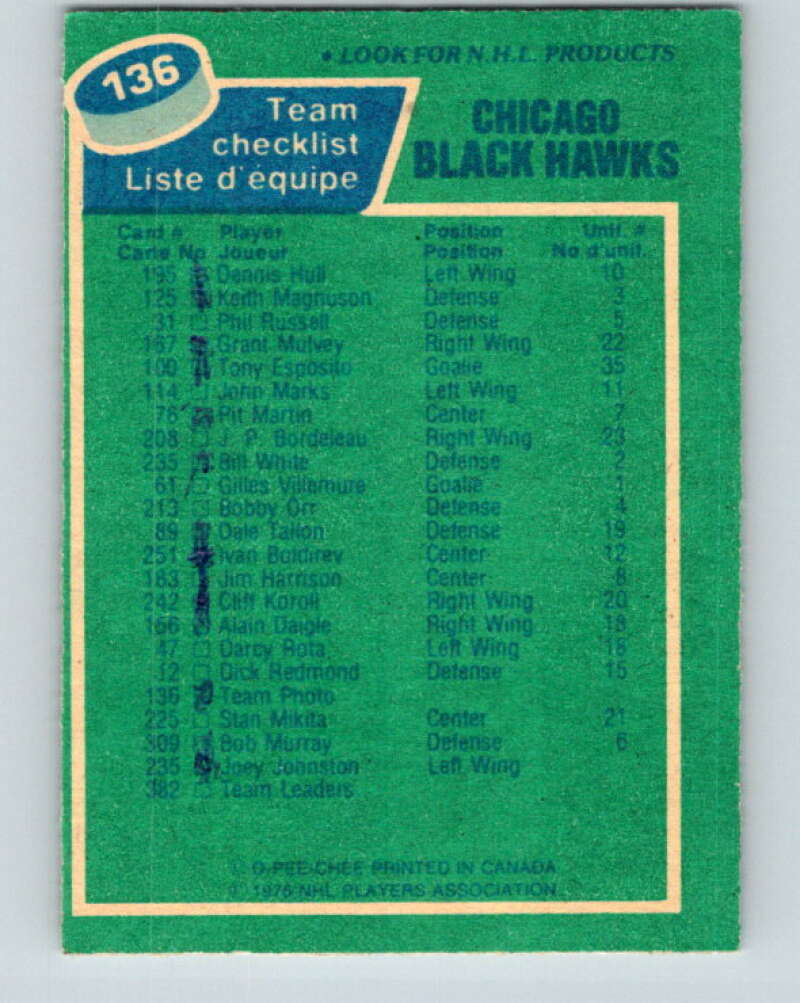1976-77 O-Pee-Chee #136 Chicago Blackhawks CL V12061