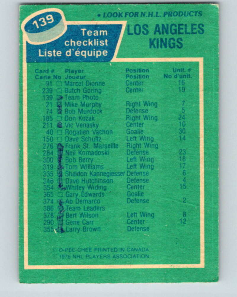1976-77 O-Pee-Chee #139 Los Angeles Kings CL V12065