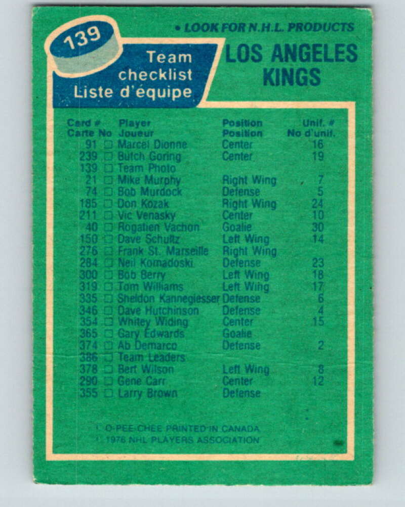 1976-77 O-Pee-Chee #139 Los Angeles Kings CL V12066