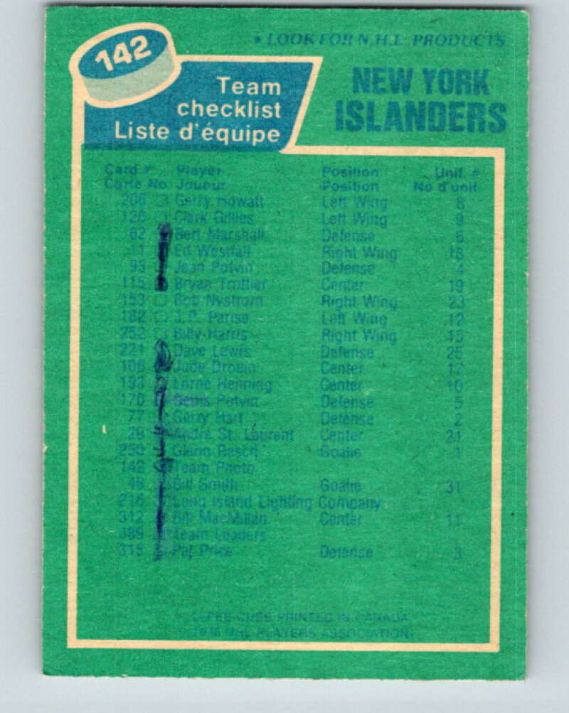 1976-77 O-Pee-Chee #142 New York Islanders CL V12080