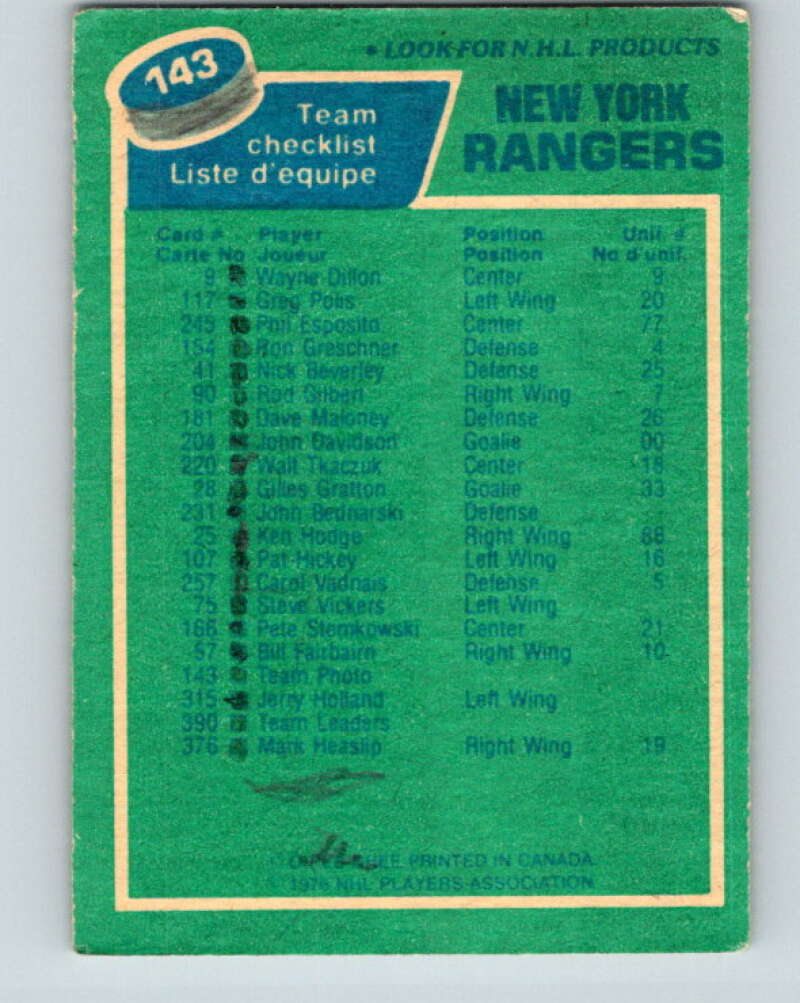 1976-77 O-Pee-Chee #143 New York Rangers CL V12081