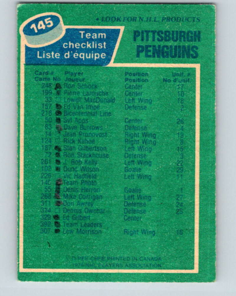 1976-77 O-Pee-Chee #145 Pittsburgh Penguins CL V12091
