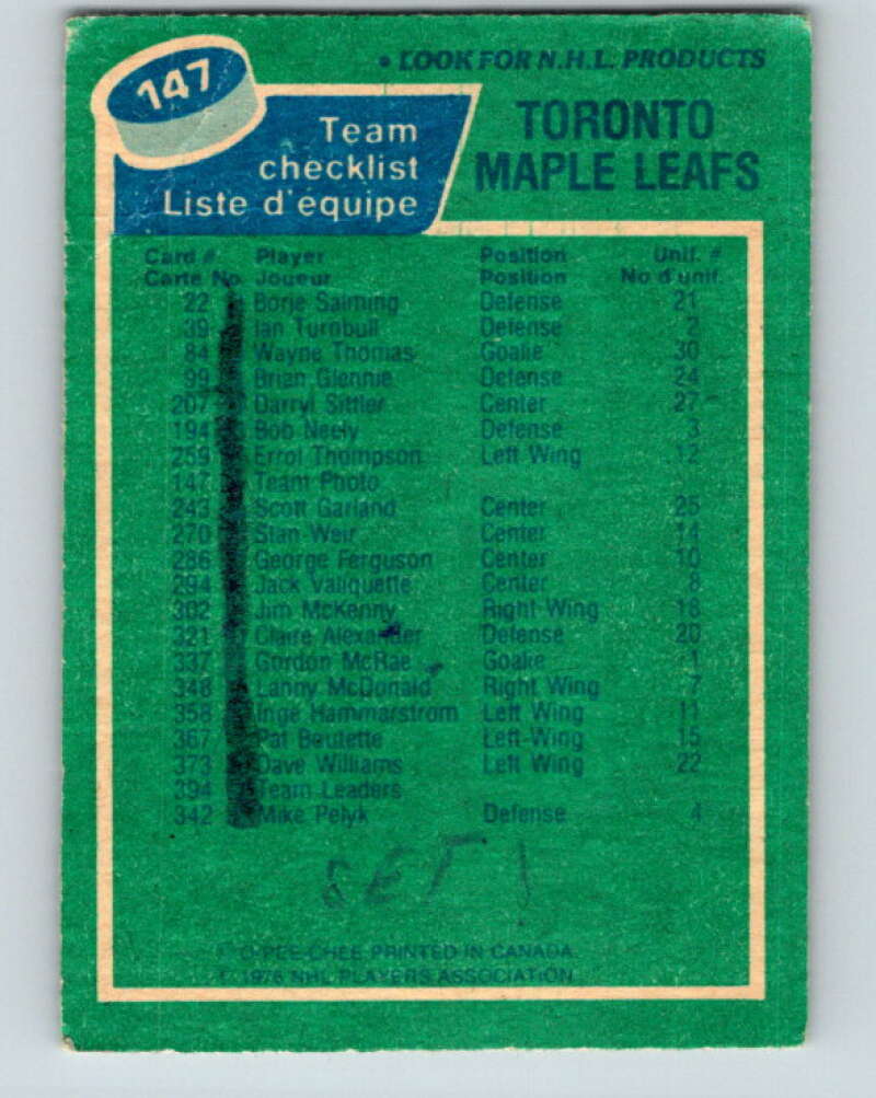 1976-77 O-Pee-Chee #147 Toronto Maple Leafs CL V12100