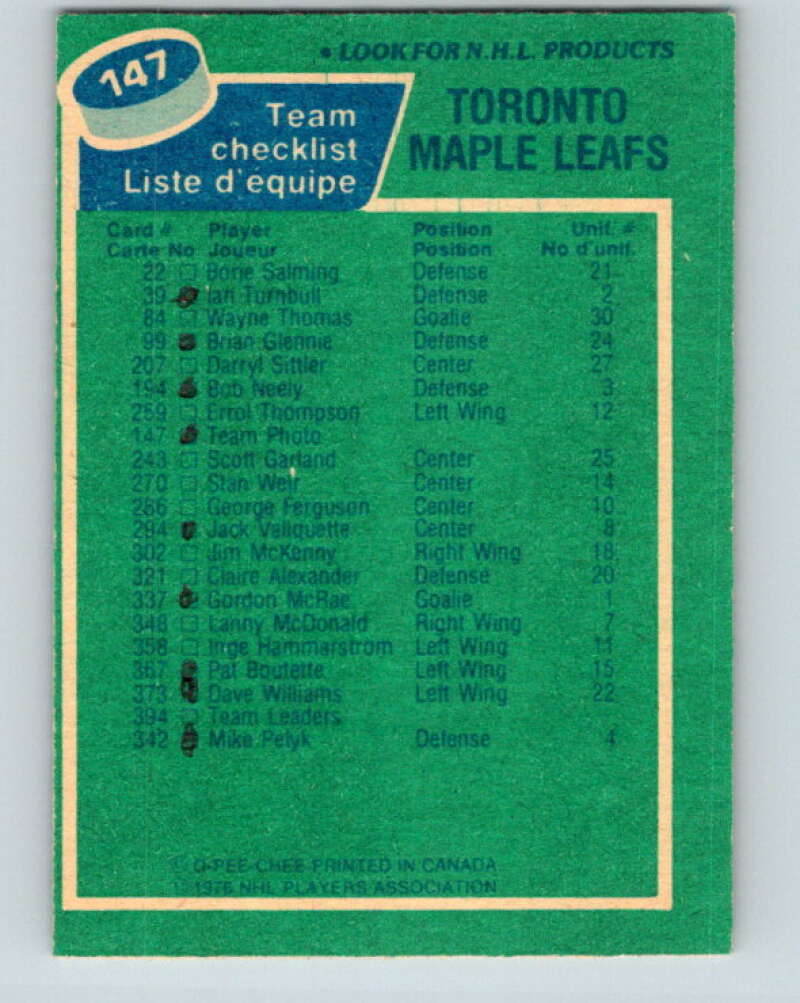 1976-77 O-Pee-Chee #147 Toronto Maple Leafs CL V12103