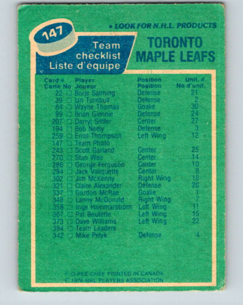 1976-77 O-Pee-Chee #147 Toronto Maple Leafs CL V12104