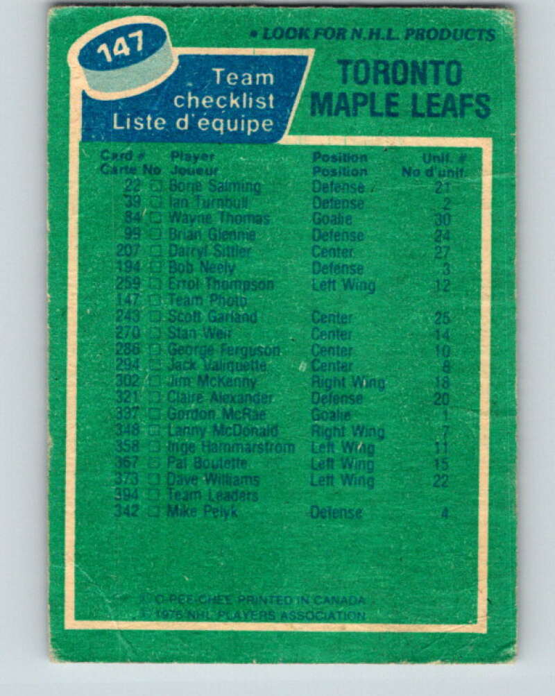 1976-77 O-Pee-Chee #147 Toronto Maple Leafs CL V12105