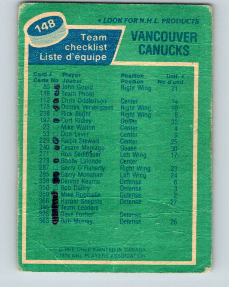 1976-77 O-Pee-Chee #148 Vancouver Canucks CL V12107
