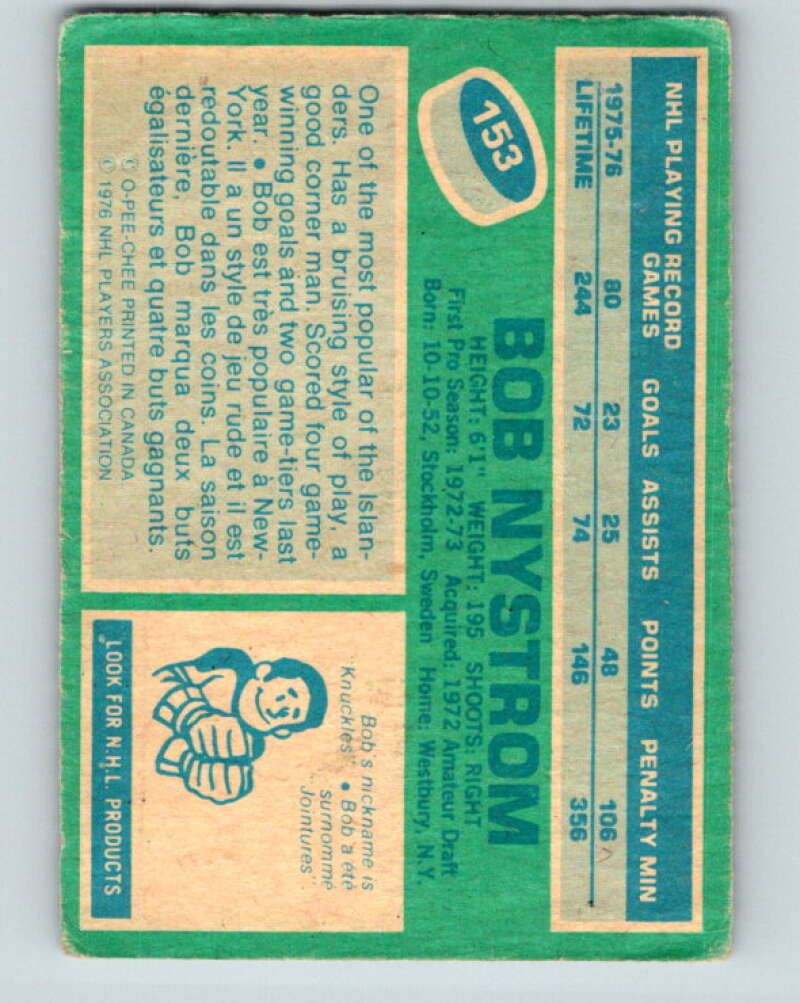 1976-77 O-Pee-Chee #153 Bob Nystrom New York Islanders V12122
