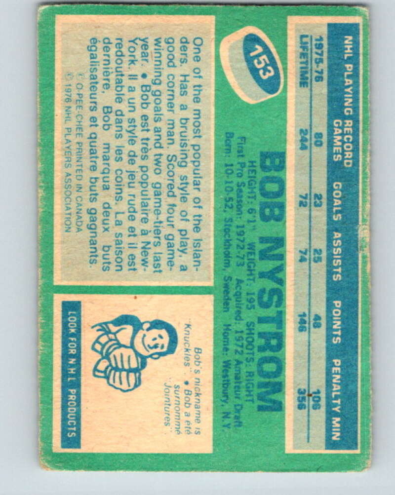 1976-77 O-Pee-Chee #153 Bob Nystrom New York Islanders V12123