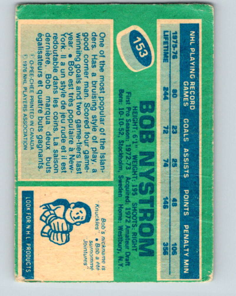 1976-77 O-Pee-Chee #153 Bob Nystrom New York Islanders V12125