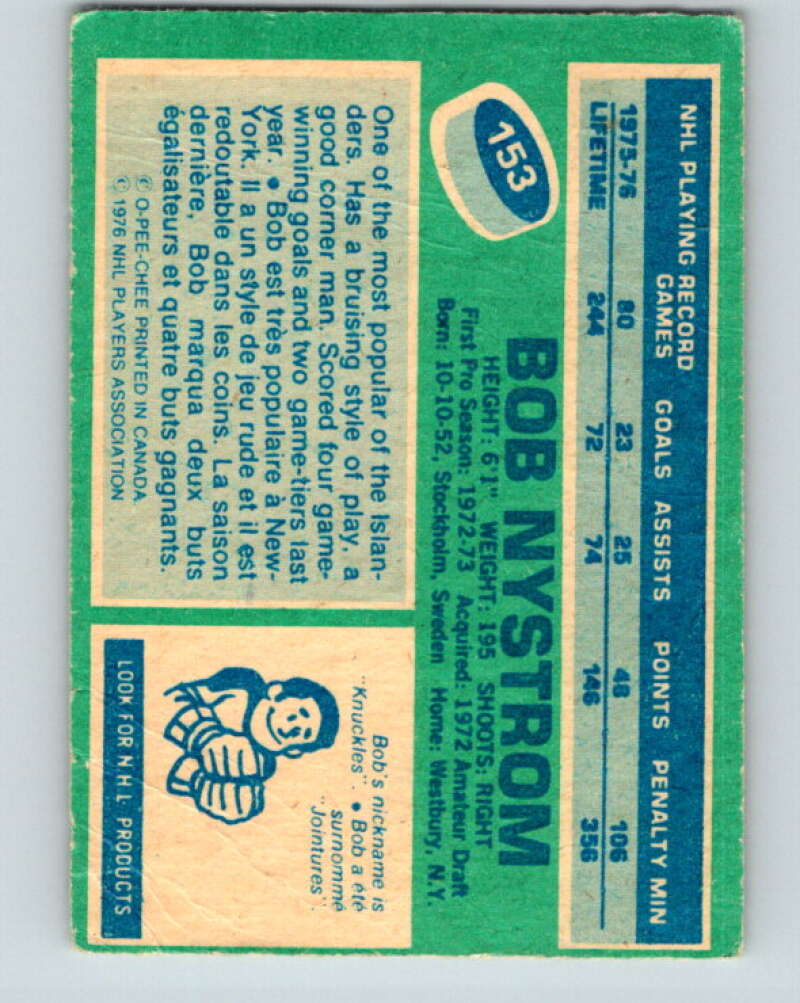 1976-77 O-Pee-Chee #153 Bob Nystrom New York Islanders V12126