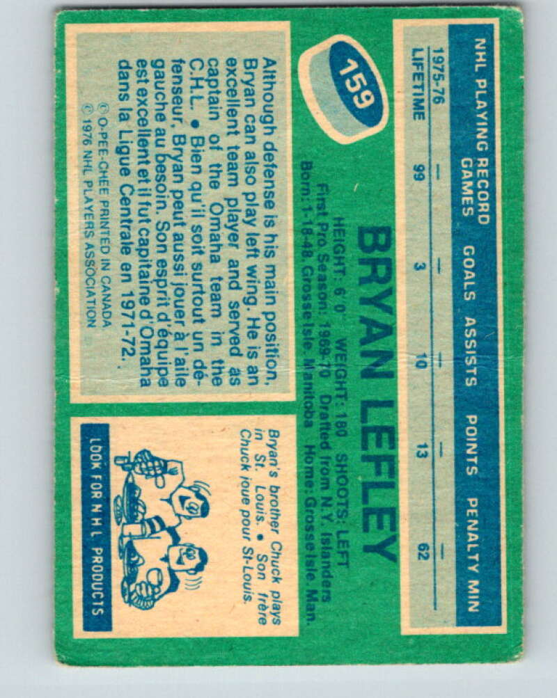 1976-77 O-Pee-Chee #159 Bryan Lefley Colorado Rockies V12147