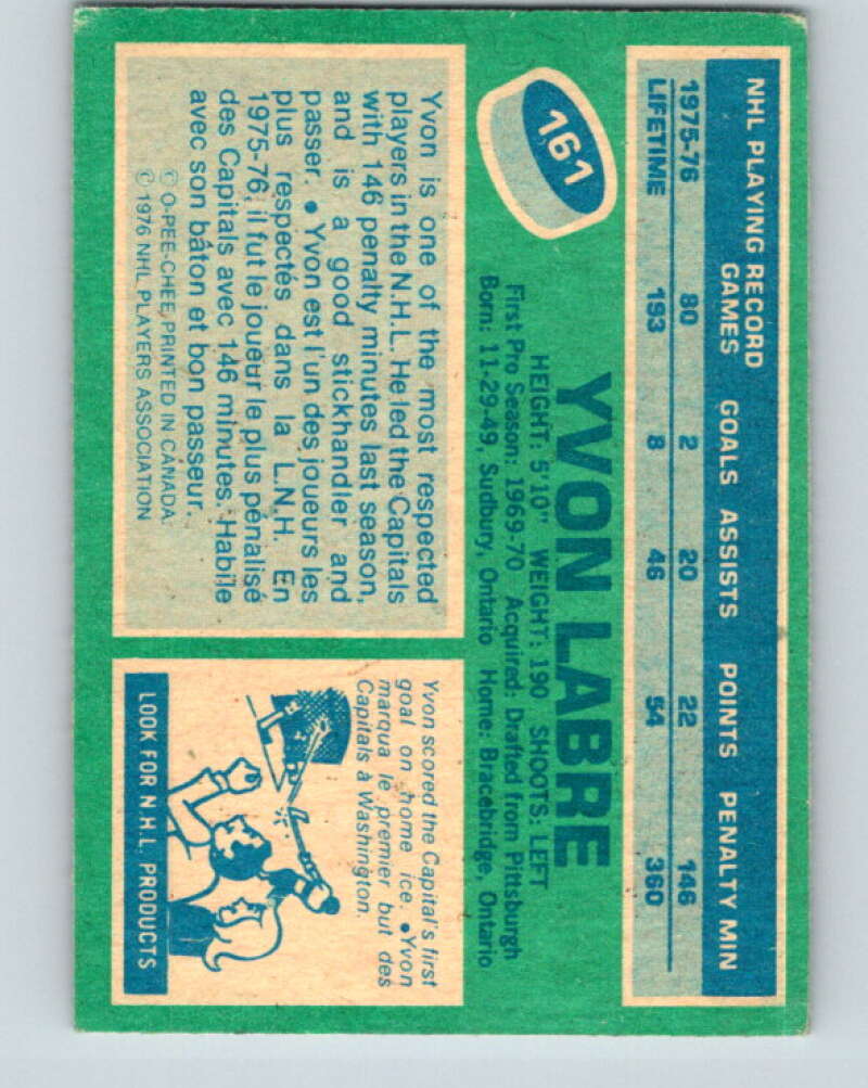 1976-77 O-Pee-Chee #161 Yvon Labre Washington Capitals V12154